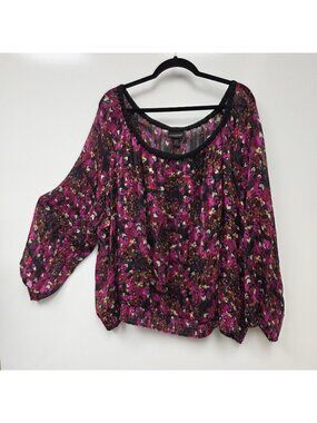 Lane Bryant Shirt Womens 26/28 Pink Floral Cold Shoulder Sheer Tunic Top Plus